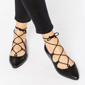 Halogen Owen Pointy Toe Black Leather Lace-Up Flat